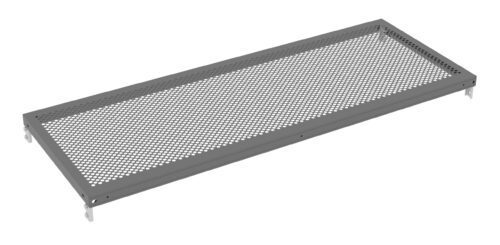 A rectangular, perforated metal shelf with four mounting brackets on each corner. The shelf has a grid-like pattern and is suspended slightly off the ground, showing its designed for ventilation or drainage applications.