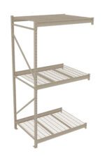 A beige metal storage rack with three wire shelves and vertical support beams. The shelves are evenly spaced, and the structure appears sturdy, suitable for industrial or warehouse use. The top shelf is solid.