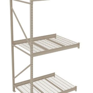 A beige metal storage rack with three wire shelves and vertical support beams. The shelves are evenly spaced, and the structure appears sturdy, suitable for industrial or warehouse use. The top shelf is solid.
