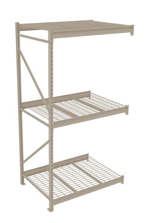 A beige metal storage rack with three wire shelves and vertical support beams. The shelves are evenly spaced, and the structure appears sturdy, suitable for industrial or warehouse use. The top shelf is solid.