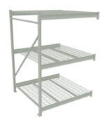 A metal storage rack with three wire mesh shelves and a solid top shelf, designed for industrial or garage use. The rack features a structured frame with diagonal supports for stability.