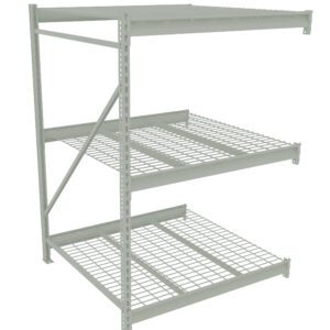A metal storage rack with three wire mesh shelves and a solid top shelf, designed for industrial or garage use. The rack features a structured frame with diagonal supports for stability.