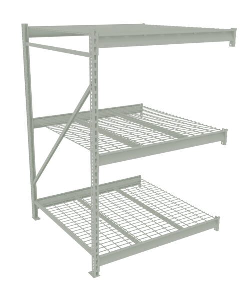 z3uujrngywtipezrccgo.jpg A metal storage rack with three wire mesh shelves and a solid top shelf, designed for industrial or garage use. The rack features a structured frame with diagonal supports for stability.