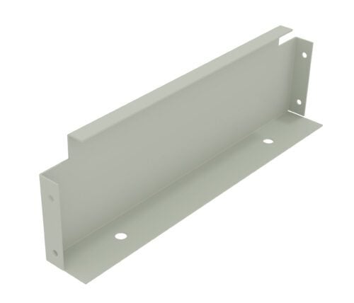 A light gray metal bracket with a rectangular shape, featuring two holes on the bottom flange for mounting. The design includes a vertical back panel and short side flanges with a minimalist structure.