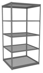 A tall, gray metal shelving unit with five levels. The shelves are made of perforated metal, providing ample storage space for various items. The design is sturdy and industrial, suitable for garages or warehouses.