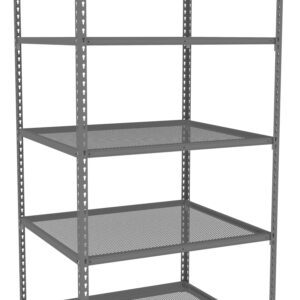 A tall, gray metal shelving unit with five levels. The shelves are made of perforated metal, providing ample storage space for various items. The design is sturdy and industrial, suitable for garages or warehouses.