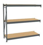 A metal shelving unit with three wooden shelves, designed for heavy-duty storage. The frame is made of sturdy metal with a dark finish, featuring adjustable shelf heights and open sides for easy access.