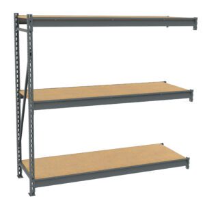 A metal shelving unit with three wooden shelves, designed for heavy-duty storage. The frame is made of sturdy metal with a dark finish, featuring adjustable shelf heights and open sides for easy access.