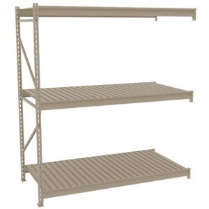 Metal storage shelving unit with three beige horizontal shelves, supported by a vertical frame on the left side. The design features perforated details for adjustable shelving. The unit is empty and set against a plain white background.