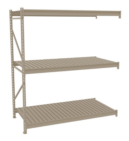 z6kqjzzgnkhqto8vvub8.jpg Metal storage shelving unit with three beige horizontal shelves, supported by a vertical frame on the left side. The design features perforated details for adjustable shelving. The unit is empty and set against a plain white background.