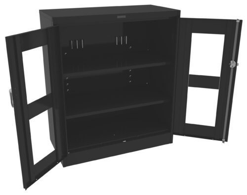 z7b78yfevdzbjibl5ljx.jpg Open black metal wall cabinet with two glass-paneled doors. Inside, there are two adjustable shelves and hooks on the back panel. The cabinet is empty, and the glass doors have rectangular frames.