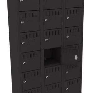 A black locker unit with multiple compartments, each with a small lock. One locker door is open, revealing an empty interior. The unit has a sleek, modern design and stands against a white background.