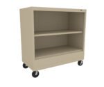 A beige, two-shelf metal storage cabinet on four black wheels. The cabinet has an open front with an adjustable middle shelf and is designed for mobility and easy access to stored items.