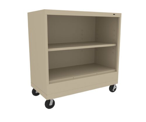 A beige, two-shelf metal storage cabinet on four black wheels. The cabinet has an open front with an adjustable middle shelf and is designed for mobility and easy access to stored items.