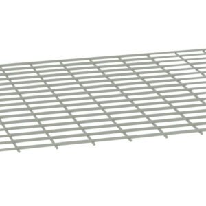 A rectangular metal grid with evenly spaced horizontal and vertical bars, creating a mesh pattern. It is laid flat on a white background, giving a slightly tilted perspective.