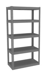 A gray, five-tier metal shelving unit with adjustable shelves. The unit is empty and stands against a white background, showcasing its simple, utilitarian design suitable for storage or organizational purposes.