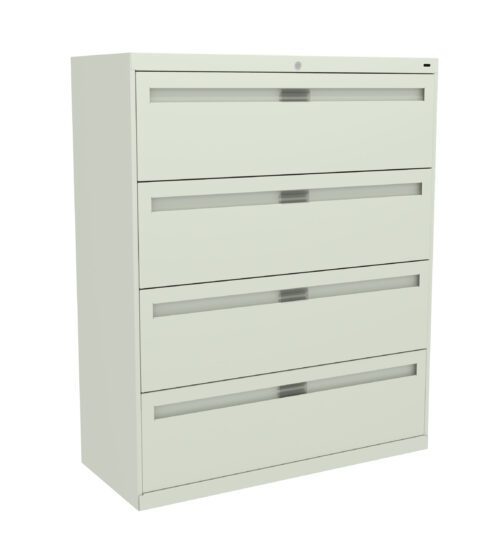 A light gray, four-drawer metal filing cabinet with horizontal handles on each drawer, set against a plain white background.