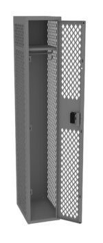Metal locker with a diamond-patterned mesh design. The door is open, revealing an interior shelf and an empty compartment. The locker is gray and features a lock mechanism on the door.