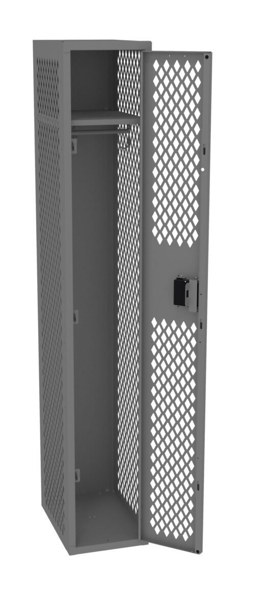Metal locker with a diamond-patterned mesh design. The door is open, revealing an interior shelf and an empty compartment. The locker is gray and features a lock mechanism on the door.