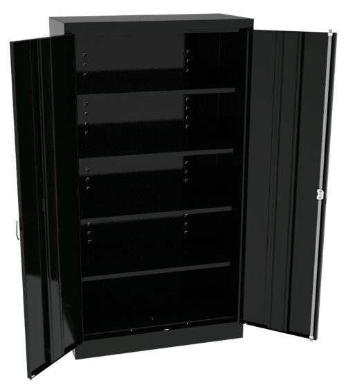 z9gq5hmir9chh6gbnaq4.jpg A large black metal storage cabinet with open doors, revealing four adjustable shelves inside. The cabinet has a sleek, polished appearance and sturdy construction, suitable for organizing tools or supplies.
