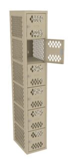 A beige metal locker with a tall structure features several vertically stacked compartments. Each compartment has a door with a diamond-shaped perforation pattern. The second compartments door is open.