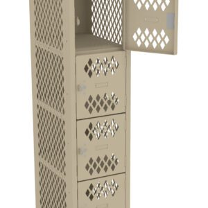 A beige metal locker with a tall structure features several vertically stacked compartments. Each compartment has a door with a diamond-shaped perforation pattern. The second compartments door is open.