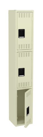 A tall, beige metal locker with three compartments. The top two compartments are closed with rectangular, black handles. The bottom compartment is open, revealing an empty interior. The locker stands upright on a white background.