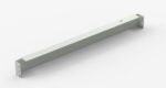 A long, rectangular metal beam with square ends and a small hole on one side is placed diagonally against a plain white background. The beam is light gray in color and appears smooth.