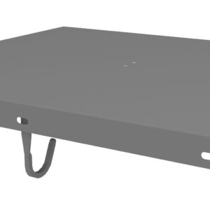 Gray metal shelf panel with a hook underneath, featuring cut-out holes on the sides, designed for mounting or hanging purposes.