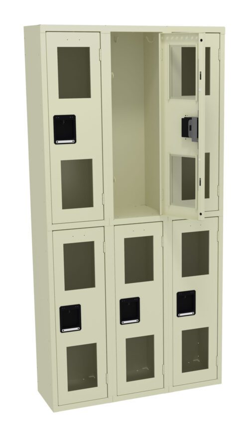 A beige locker unit with six compartments, each featuring a window and a lock mechanism. The upper right compartment is open, revealing an empty interior. The lockers are arranged in two rows of three.