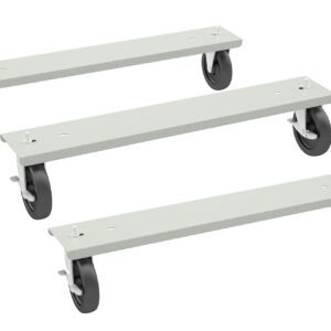 Three rectangular platforms with four black caster wheels each are aligned diagonally against a white background. The platforms are light gray and appear to be designed for mobility or transportation purposes.