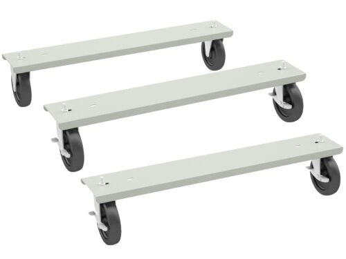 zar4v63pl3442rfax9lq.jpg Three rectangular platforms with four black caster wheels each are aligned diagonally against a white background. The platforms are light gray and appear to be designed for mobility or transportation purposes.