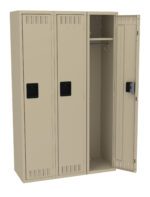 A beige metal locker with three compartments, two closed and one open. The open compartment reveals a shelf, a hanging rod, and a hook inside. The locker has ventilation slots and black rectangular handles.