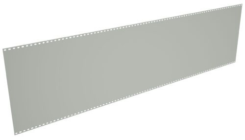 A long, rectangular sheet of light gray paper with evenly spaced holes along both longer edges, resembling vintage computer punch card printouts or continuous feed paper. The sheet is angled slightly upwards from left to right.