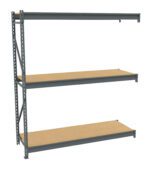 Metal storage shelving unit with three wooden shelves. The frame is gray, and the shelves are evenly spaced. The unit is designed for industrial or garage use.