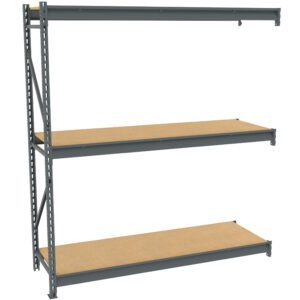 Metal storage shelving unit with three wooden shelves. The frame is gray, and the shelves are evenly spaced. The unit is designed for industrial or garage use.