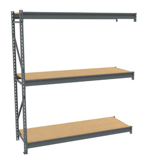 zbyuq1re7oan4twiqd6l.jpg Metal storage shelving unit with three wooden shelves. The frame is gray, and the shelves are evenly spaced. The unit is designed for industrial or garage use.