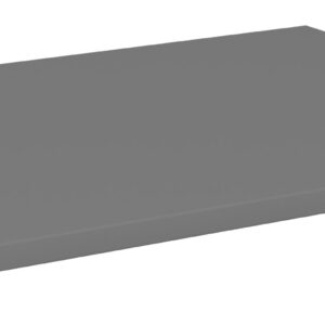 A flat, rectangular gray shelf viewed from an angle. The shelf has smooth edges and a plain surface, suggesting it is made of metal or a similar material. There are small holes on the side for mounting or installation.