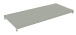 A gray metal shelf with evenly spaced holes along its edges. The shelf is rectangular and supported by brackets at each corner.