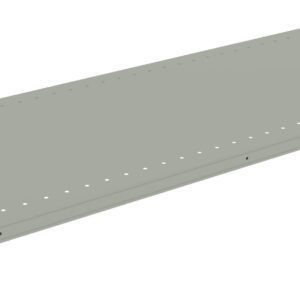 A gray metal shelf with evenly spaced holes along its edges. The shelf is rectangular and supported by brackets at each corner.