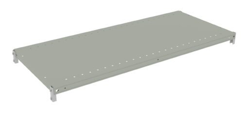 A gray metal shelf with evenly spaced holes along its edges. The shelf is rectangular and supported by brackets at each corner.