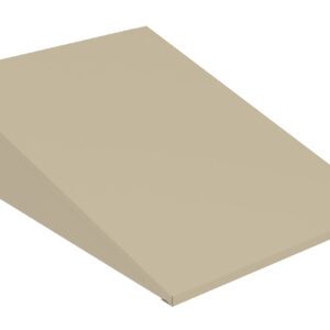 A minimalist, beige, geometric object resembling a wedge or ramp, with a flat top and smooth sides, set against a white background.