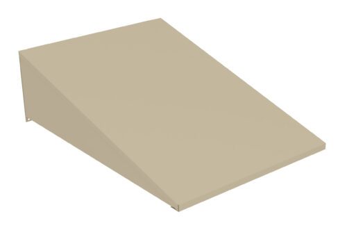 A minimalist, beige, geometric object resembling a wedge or ramp, with a flat top and smooth sides, set against a white background.