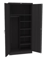 Black metal storage cabinet with two open doors. Inside, it features a clothing rod on the left and five adjustable shelves on the right. The cabinet has a sleek, minimalist design and a sturdy handle on the door.