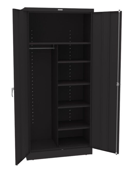 Black metal storage cabinet with two open doors. Inside, it features a clothing rod on the left and five adjustable shelves on the right. The cabinet has a sleek, minimalist design and a sturdy handle on the door.