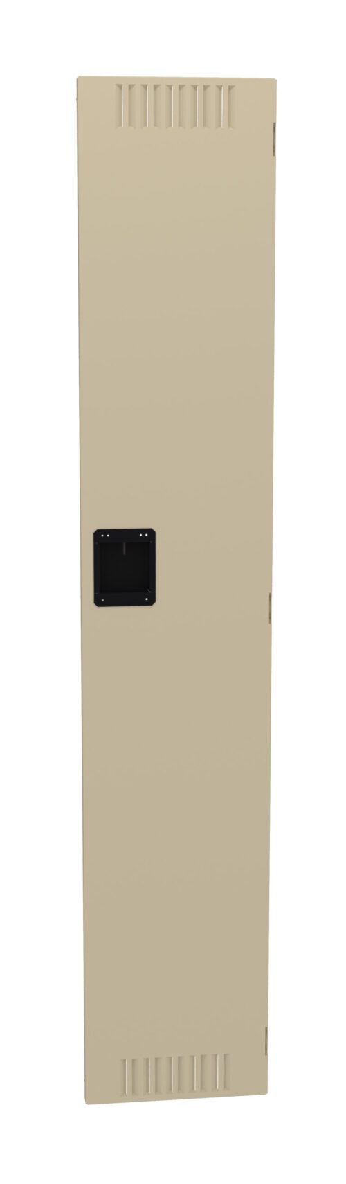 A tall, beige metal cabinet with a black handle. It features vents at the top and bottom, and is set against a plain white background.