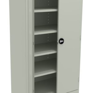 A beige metal storage cabinet with a partially open door, revealing five adjustable shelves inside. It has a black round handle, and the cabinet stands on a flat surface.