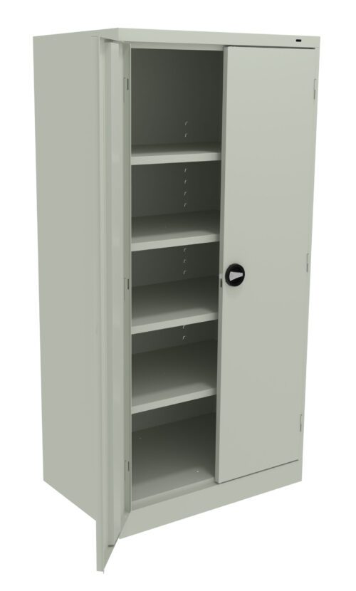 zcsrmaieuu6k1hlxfqxc.jpg A beige metal storage cabinet with a partially open door, revealing five adjustable shelves inside. It has a black round handle, and the cabinet stands on a flat surface.