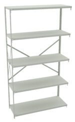 Tall, metal shelving unit with five adjustable shelves and a cross-brace for support in the back. The unit is light gray and appears empty, designed for storage in a garage or warehouse.