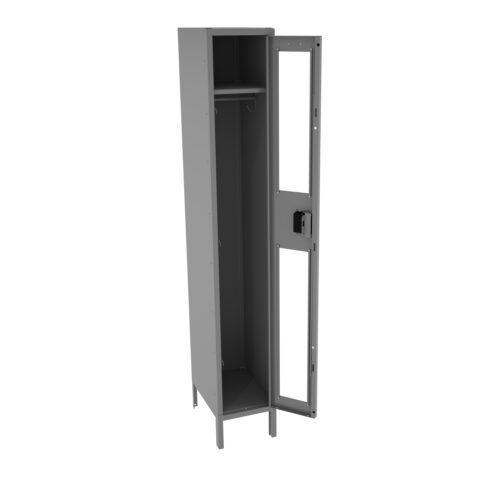 A tall, narrow, gray metal locker with one open door, revealing an upper shelf and a hanging rod inside. The locker stands on four legs, showcasing a simple, industrial design.